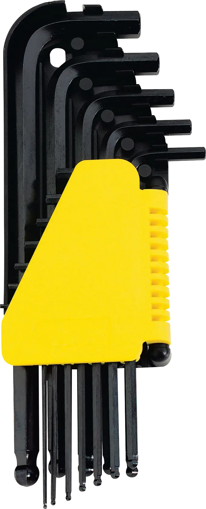 STANLEY 69-257 juego de llaves hexagonales negras en forma de L con soporte de plástico amarillo, vista frontal.