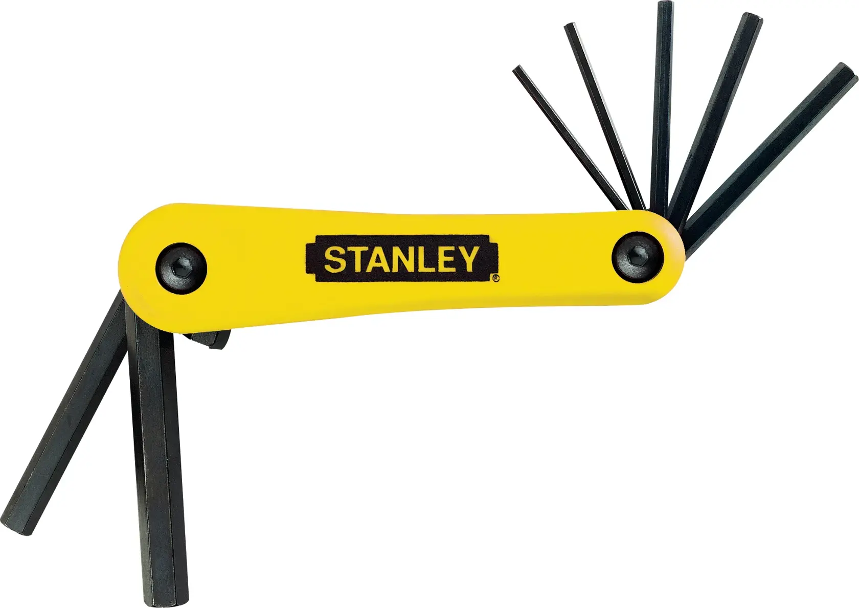STANLEY 69-262 juego de llaves hexagonales amarillas con varias llaves negras extendidas, foto de producto sobre fondo blanco.