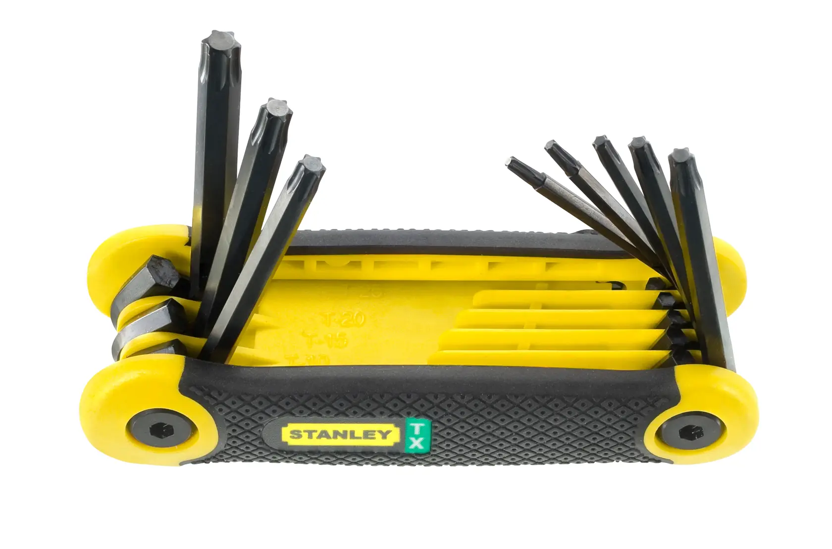 STANLEY 69-266 juego de llaves Torx plegables con mango amarillo y negro, ángulo frontal sobre fondo blanco.