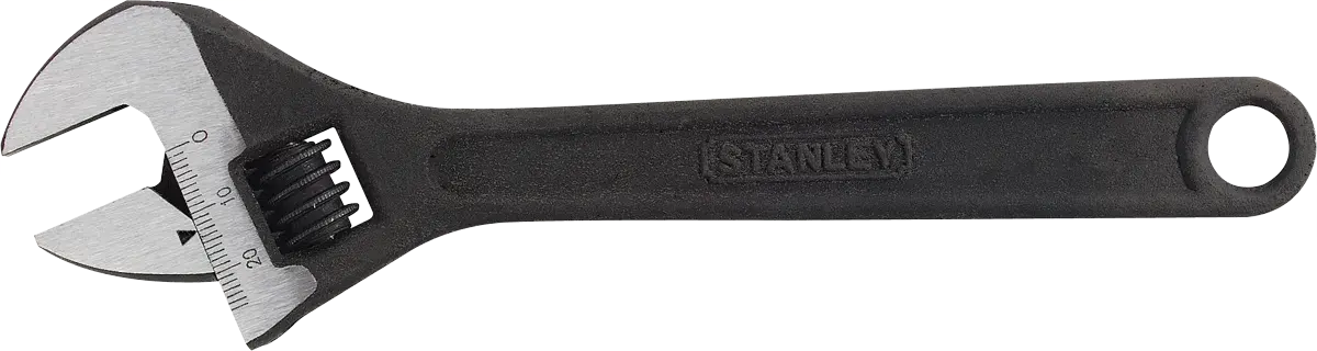 Llave ajustable Stanley 70-180, mango negro, ángulo lateral, fotografía de herramienta manual.