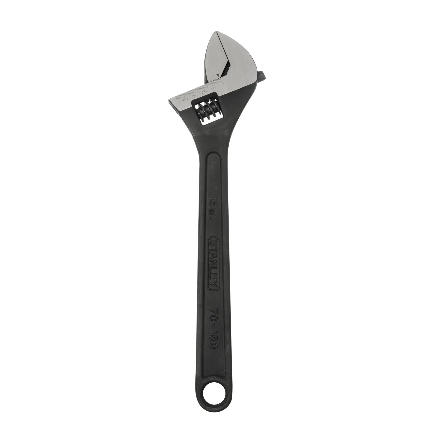 Llave ajustable STANLEY 70-180 de 15 pulgadas, negra y plateada, vista frontal sobre fondo blanco.