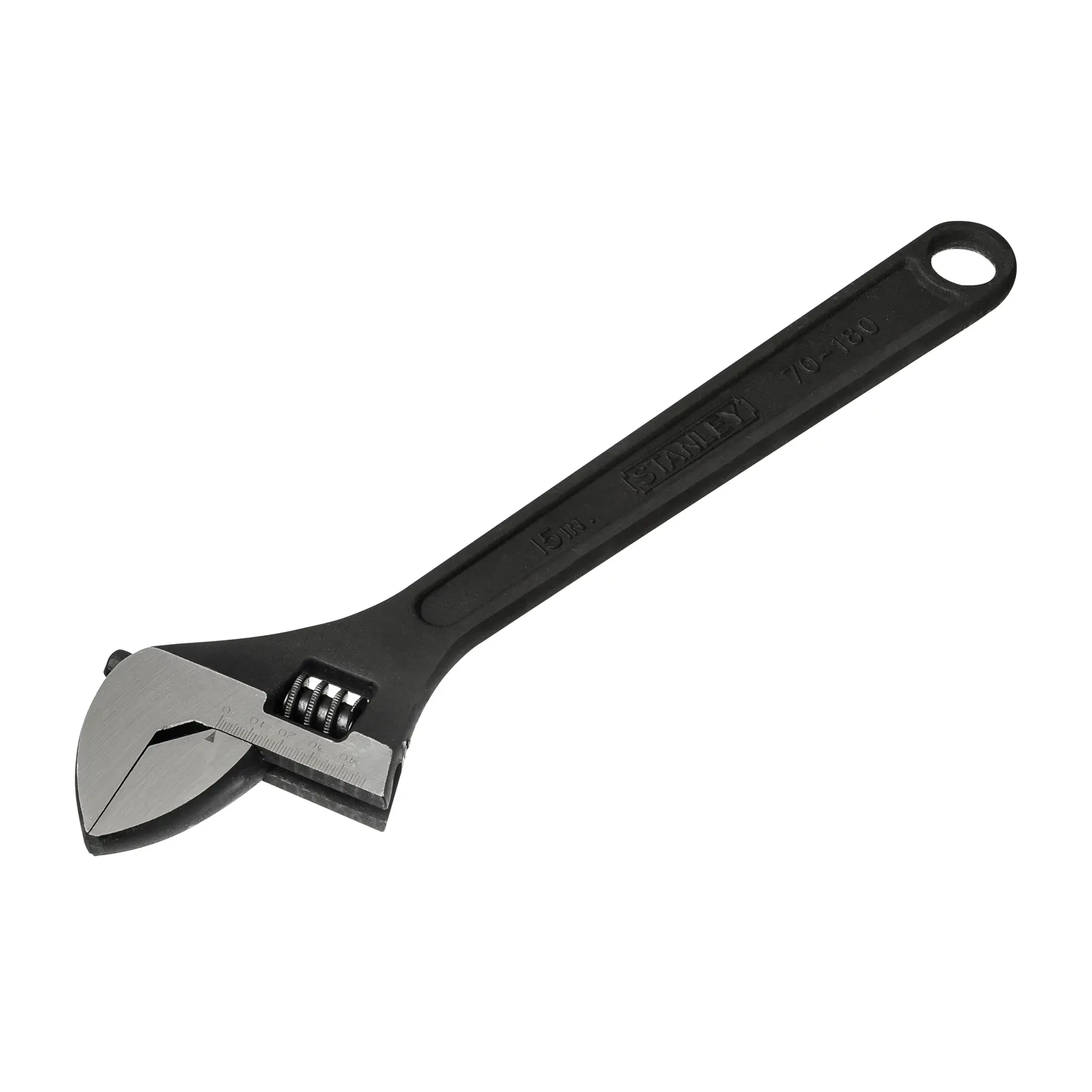 Llave ajustable STANLEY 70-180 con mango negro, vista en ángulo sobre fondo blanco.