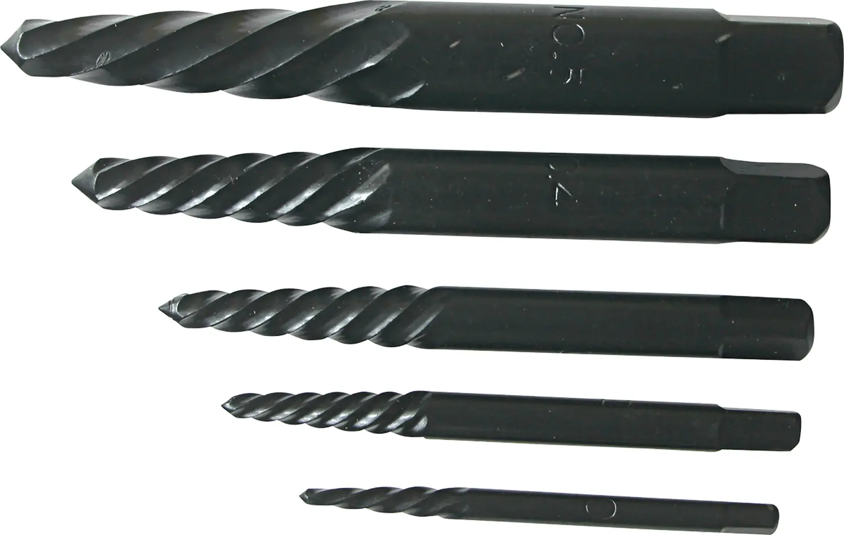 Foto del juego extractor de tornillos STANLEY 78-023, cinco piezas de acero en espiral negras sobre fondo blanco.