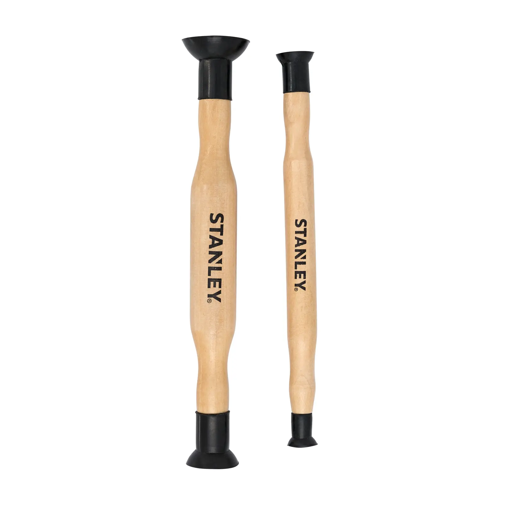 Juego de ventosas con mango de madera STANLEY 78-246, vista frontal, dos tamaños con copas de goma negra en ambos extremos.
