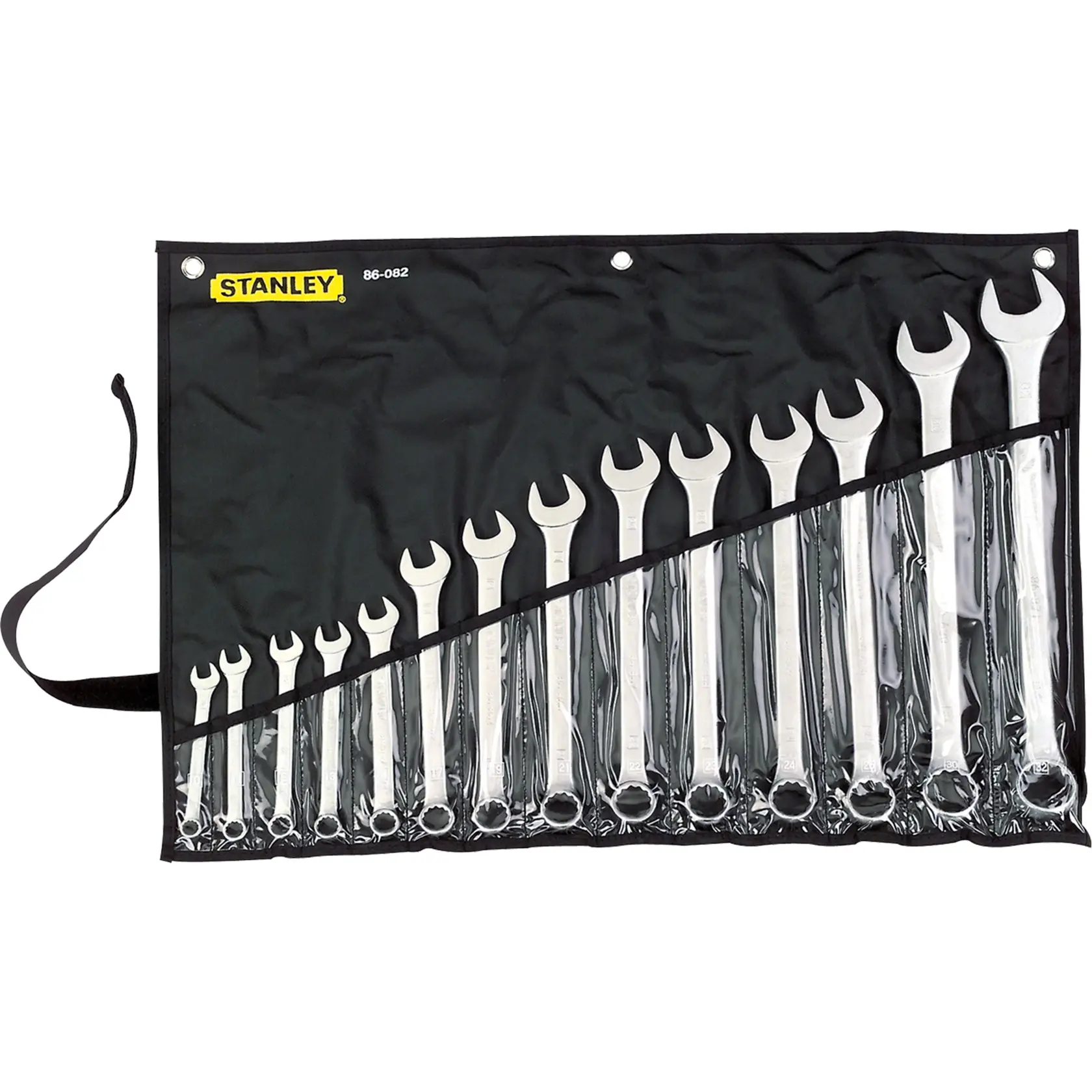 Juego de llaves combinadas STANLEY 86-082 en estuche negro, 16 piezas en orden ascendente, ángulo frontal.