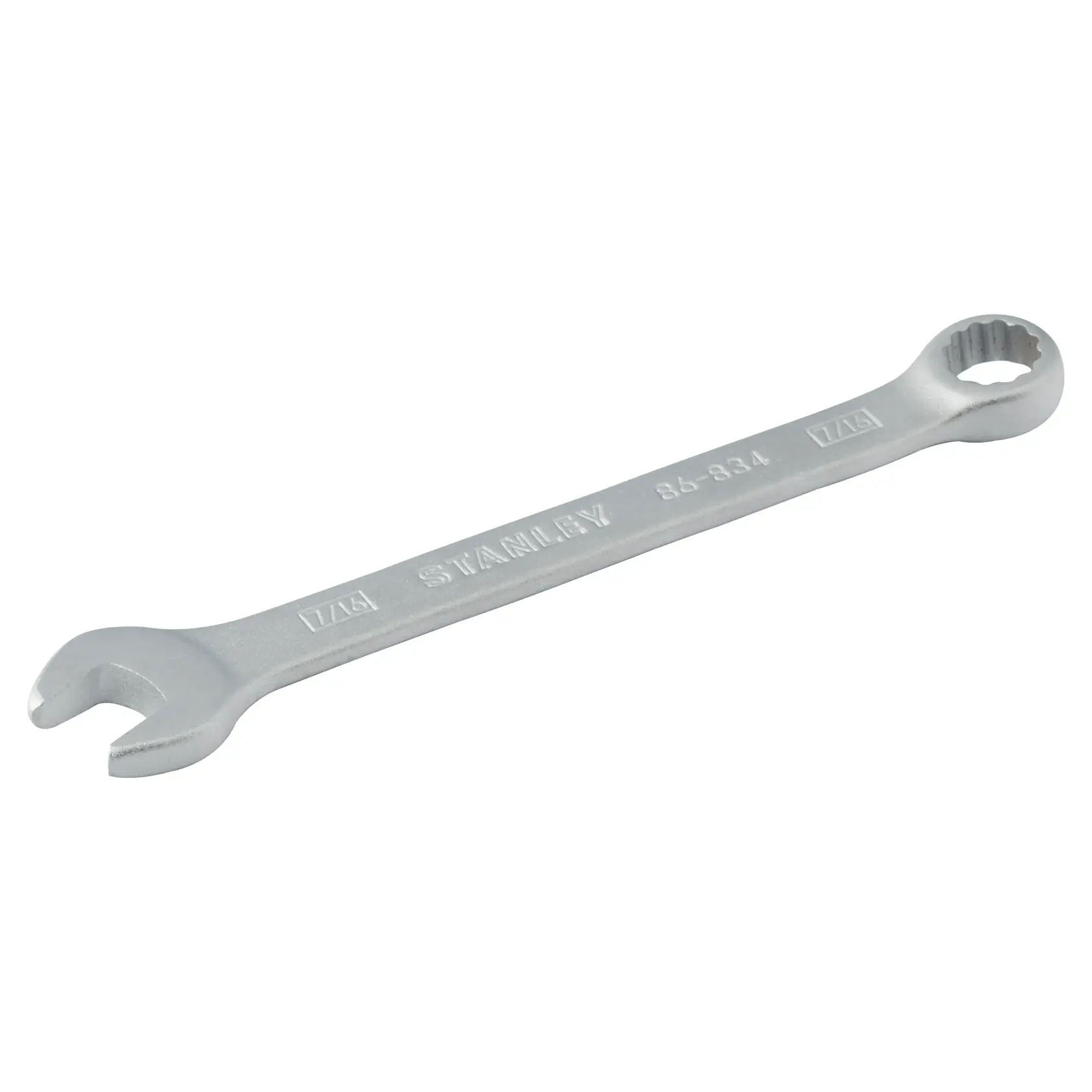 STANLEY 86-834 llave combinada plateada, vista en ángulo, extremos abierto y cerrado.