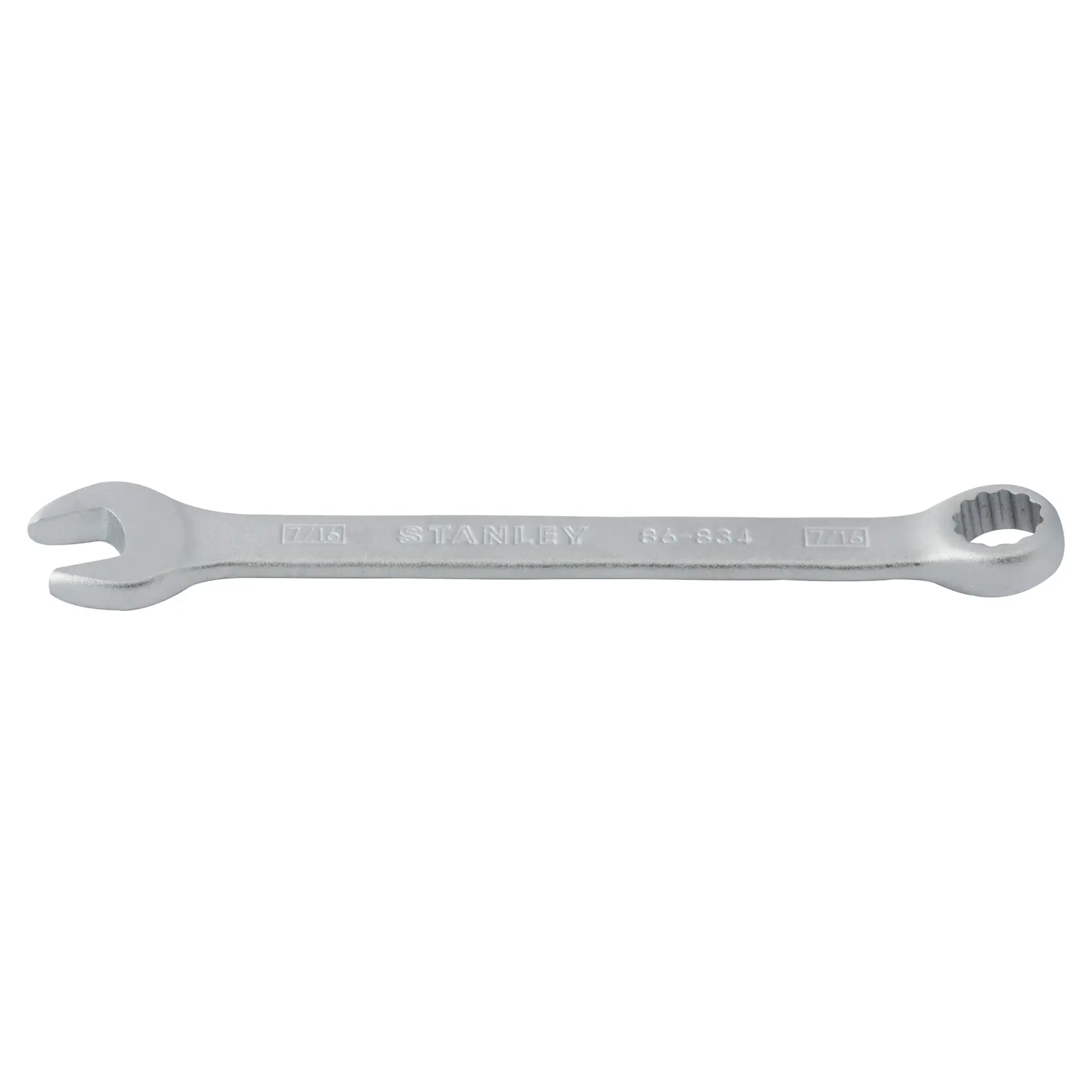 Llave combinada STANLEY 86-834 plateada, ángulo frontal, tamaño 7/16 pulgadas.