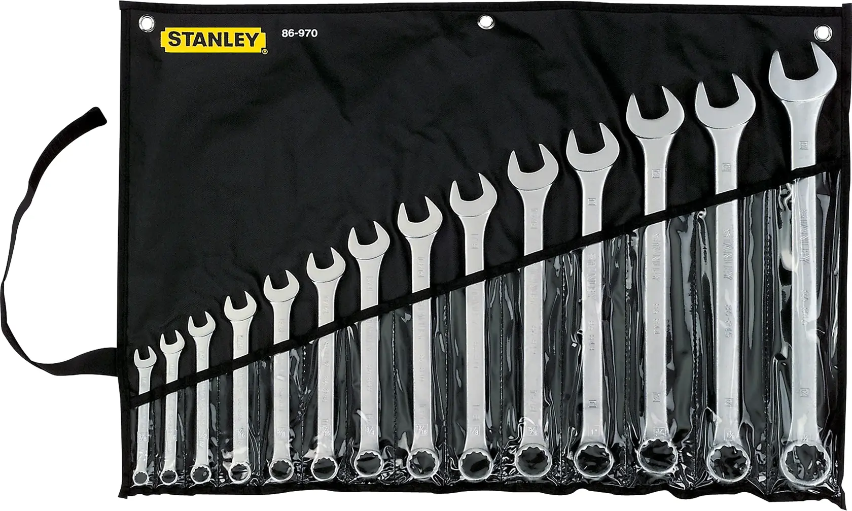 Fotografía de juego de llaves STANLEY 86-970, llaves plateadas en estuche negro enrollable, ángulo frontal.
