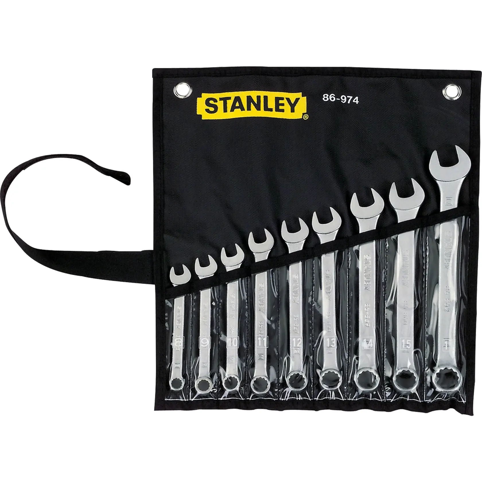 Juego de llaves STANLEY 86-974 en estuche negro, 10 piezas organizadas por tamaño.