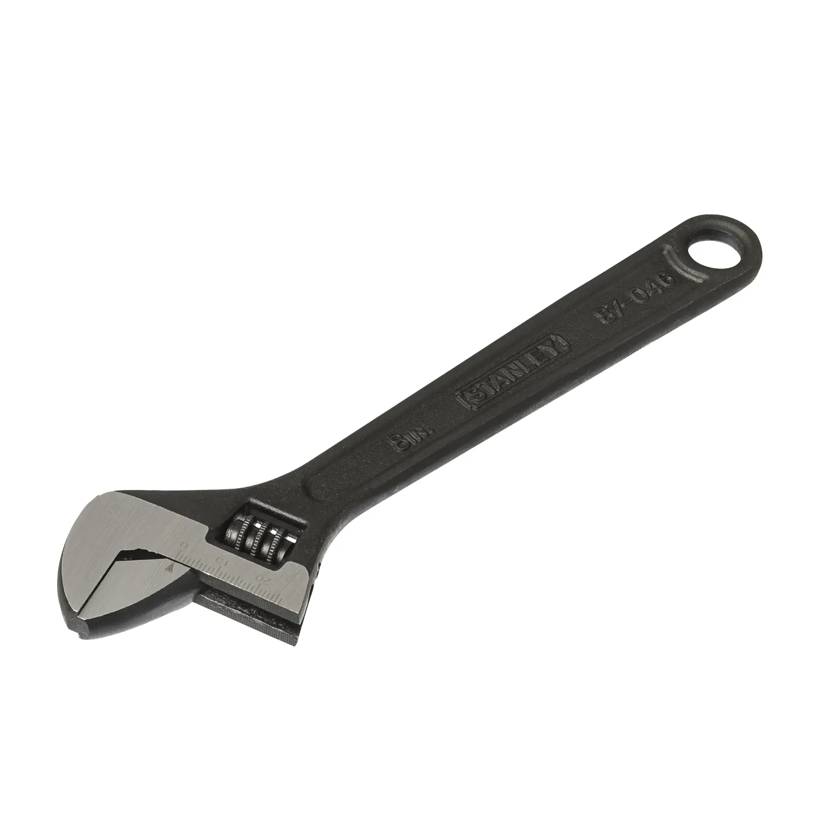 Llave ajustable STANLEY 87-046, negra y plateada, ángulo lateral, herramienta manual sobre fondo blanco.