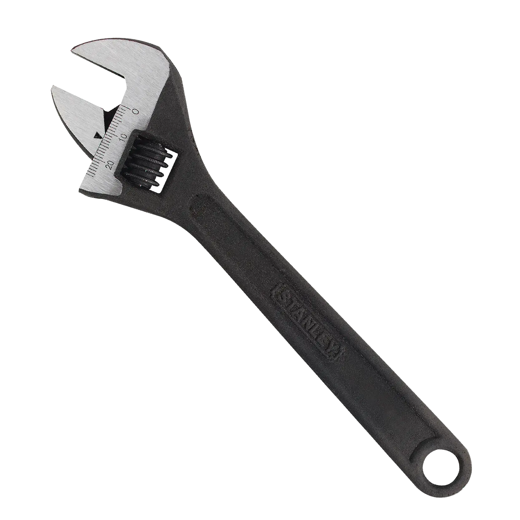Stanley 87-046 llave ajustable, mango negro con escala de medición, ángulo frontal sobre fondo blanco.