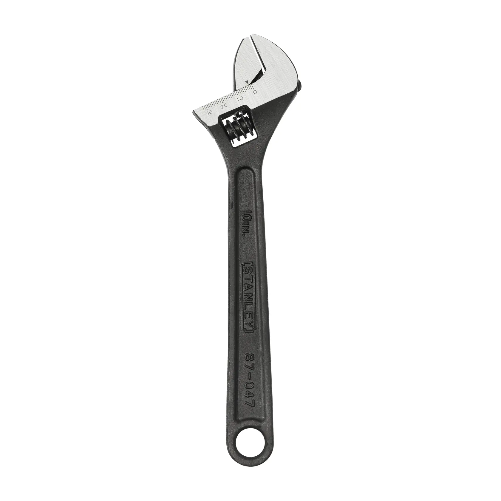 Fotografía de la llave ajustable STANLEY 87-047, mango negro con mordaza cromada, producto sobre fondo blanco.
