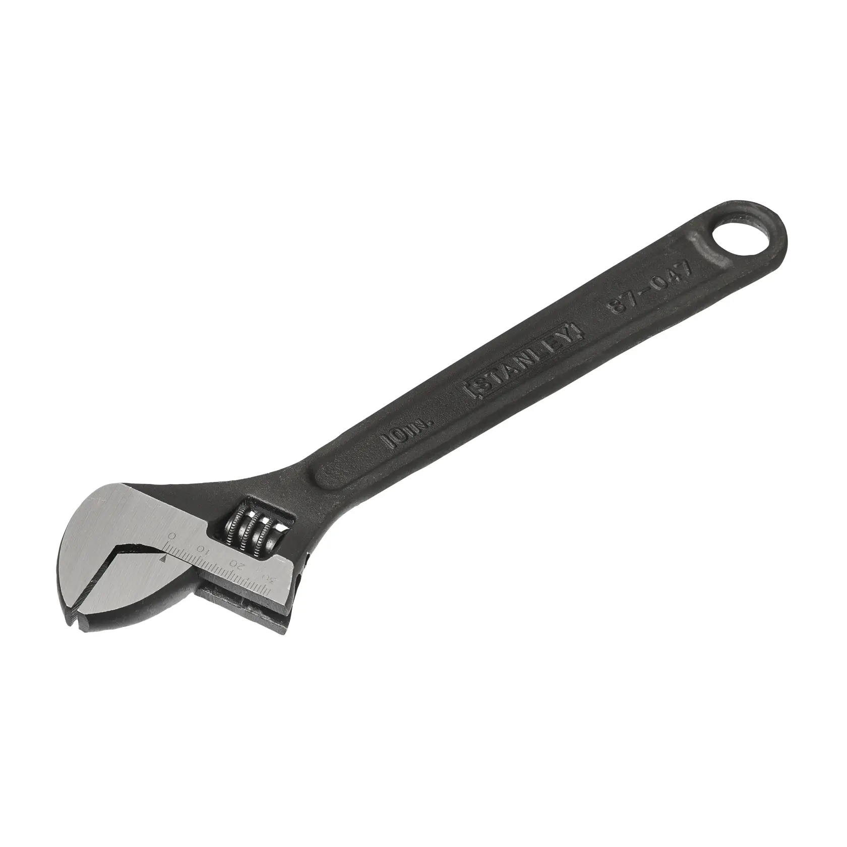 Fotografía de llave ajustable STANLEY 87-047, metal negro con mordazas plateadas, vista superior sobre fondo blanco.
