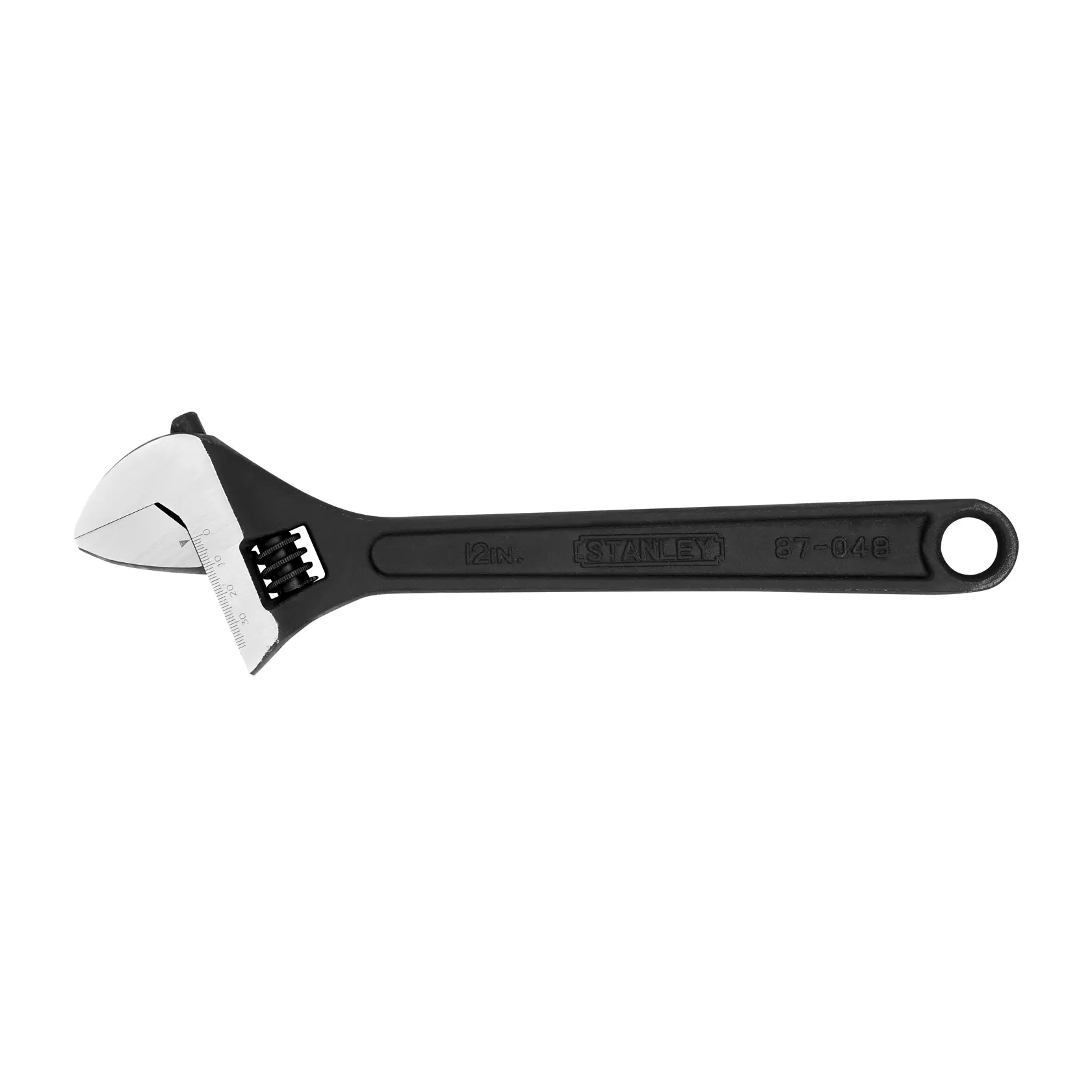 Llave ajustable STANLEY 87-048LA, mango negro, 12 pulgadas, vista lateral izquierda sobre fondo blanco.