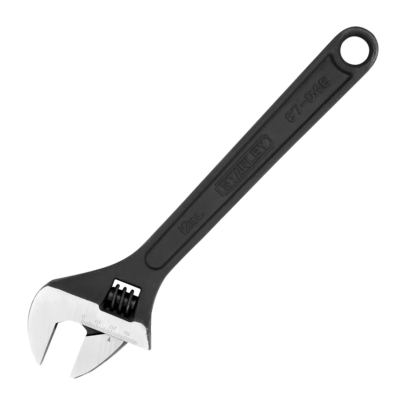 Fotografía de llave ajustable STANLEY 87-048LA, mango negro, mordaza plateada, producto en ángulo sobre fondo blanco.
