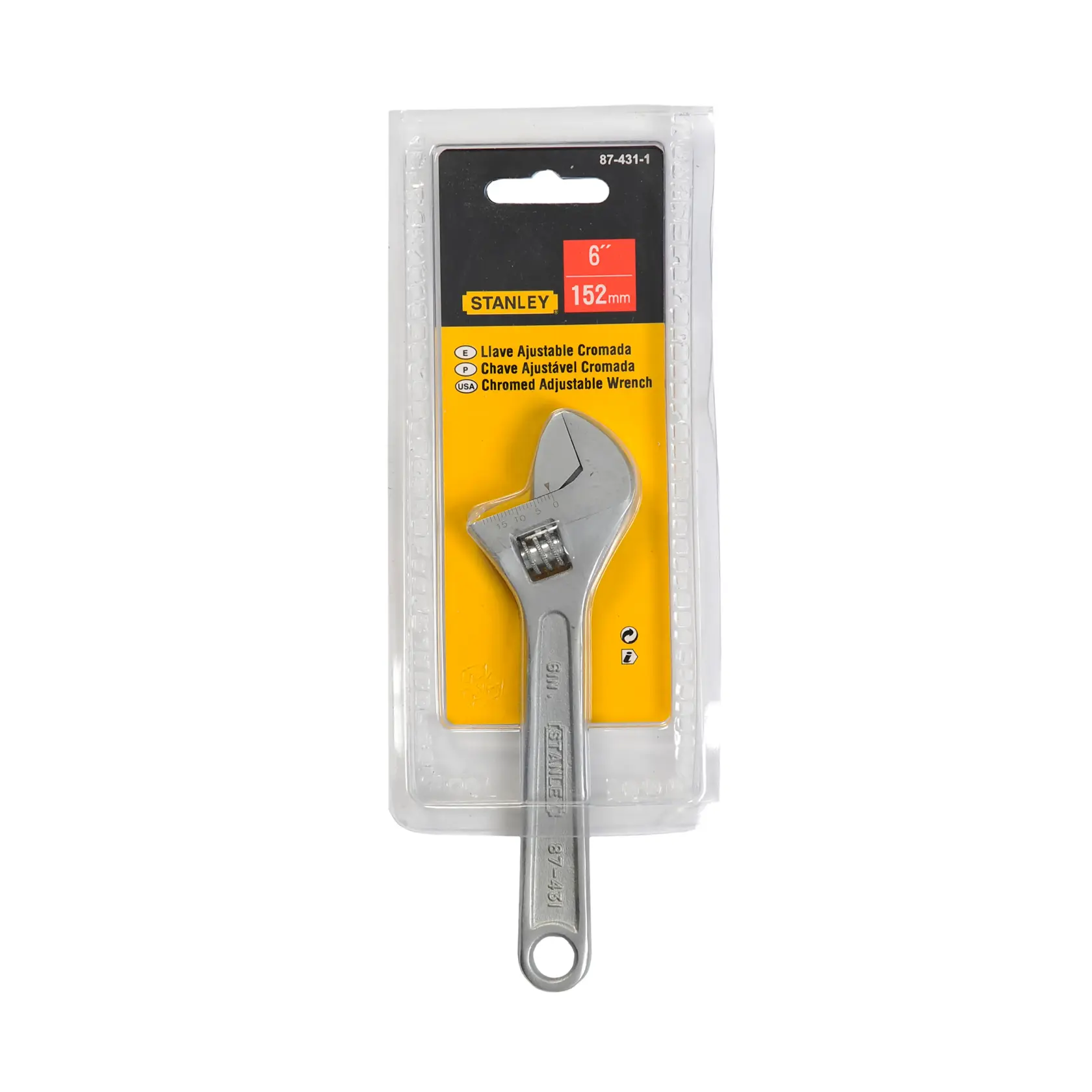 Llave ajustable cromada STANLEY 87-431LA de 6 pulgadas en empaque minorista, fotografía frontal con fondo blanco.