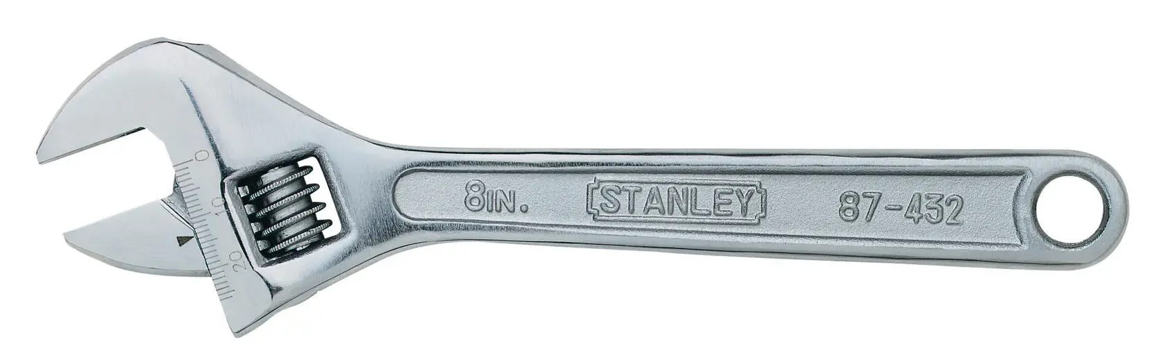 STANLEY 87-432 llave ajustable plateada de 8 pulgadas, fotografía de producto, ángulo lateral izquierdo sobre fondo blanco.