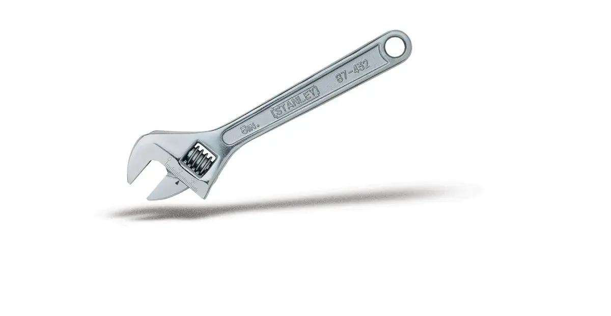 Llave ajustable STANLEY 87-432, acero plateado, fotografía, vista lateral, fondo blanco.