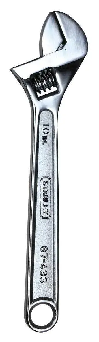 Llave ajustable STANLEY 87-433, plateada, vista frontal, mango de acero con orificio circular, fondo blanco.