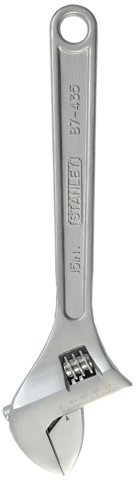 STANLEY 87-435 llave ajustable, acabado en acero plateado, ángulo frontal, fotografía de herramienta.