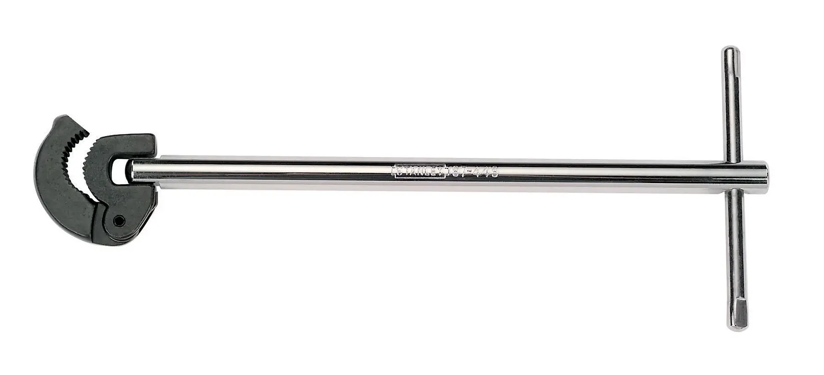 Fotografía de llave de tubo STANLEY 87-448 con mango en T, plata y negro, vista lateral fondo blanco.