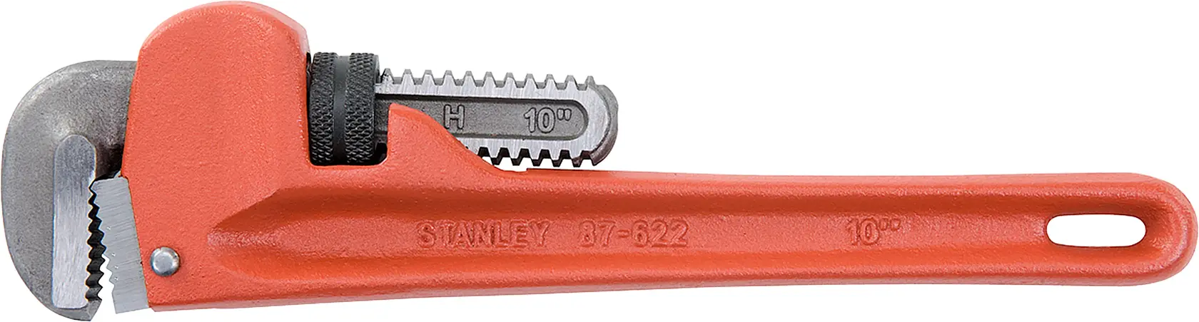 STANLEY 87-622 llave para tubos con mango rojo, vista lateral sobre fondo blanco.