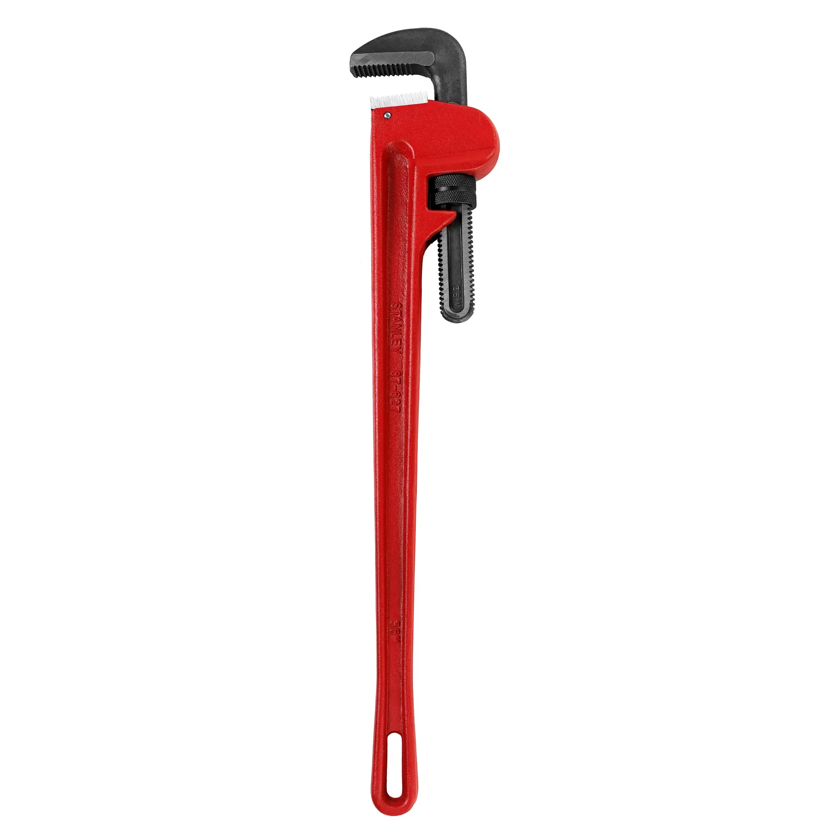 STANLEY 87-627-23 llave para tubos con mango naranja, fotografía sobre fondo blanco, vista en ángulo del producto.