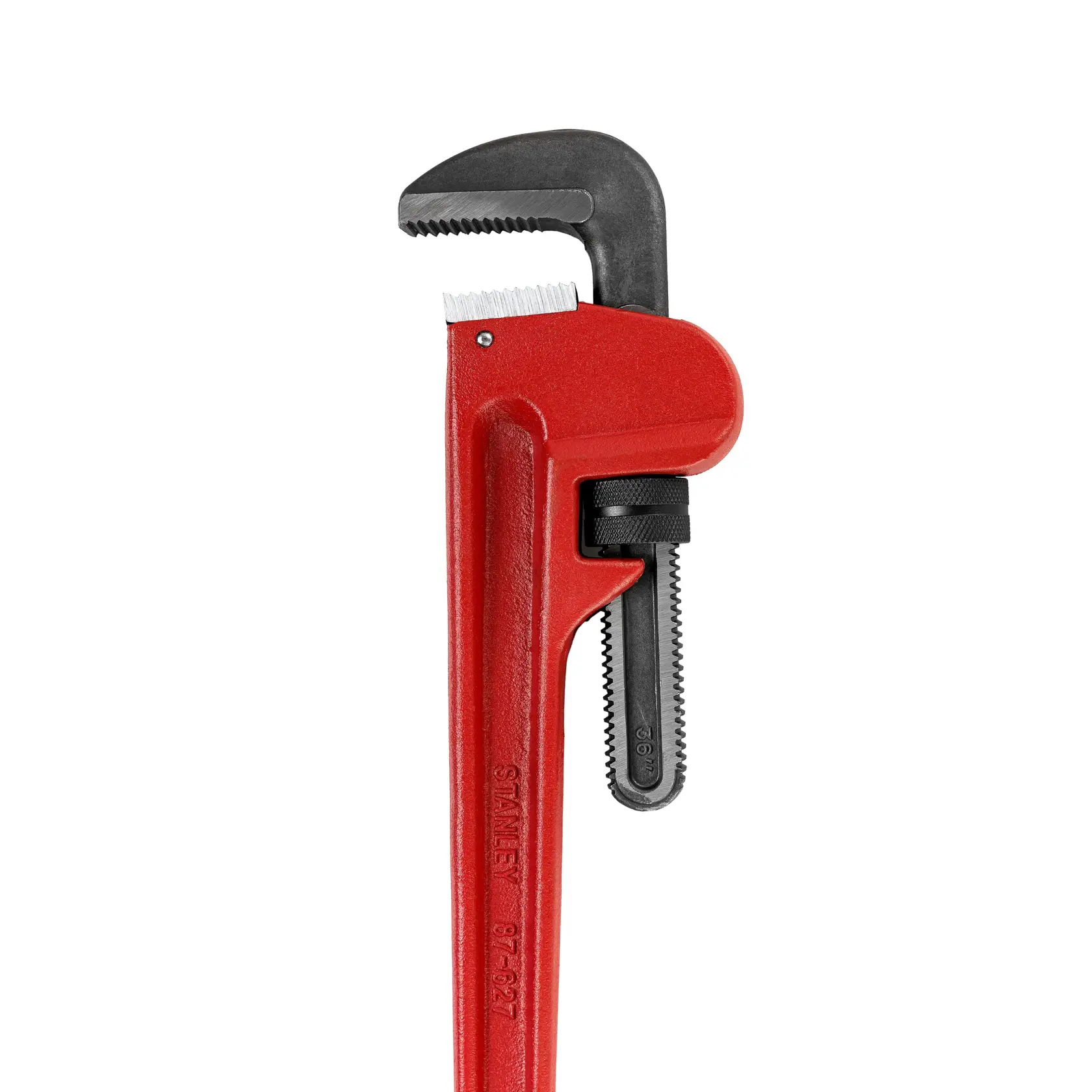 Foto de llave de tubo STANLEY 87-627-23, mango rojo, mordazas metálicas, vista lateral, sobre fondo blanco.