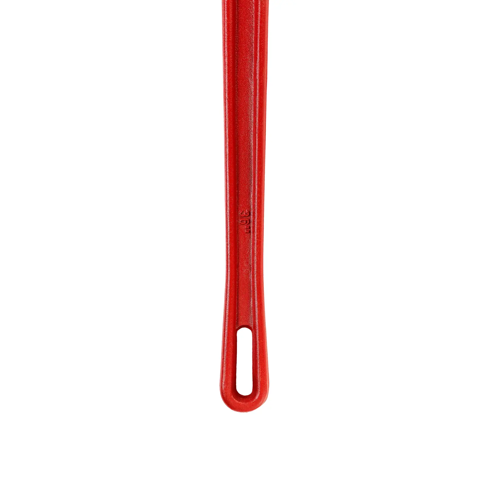 Llave para tubos STANLEY 87-627-23, vista lateral, mango rojo y mordaza ajustable metálica.