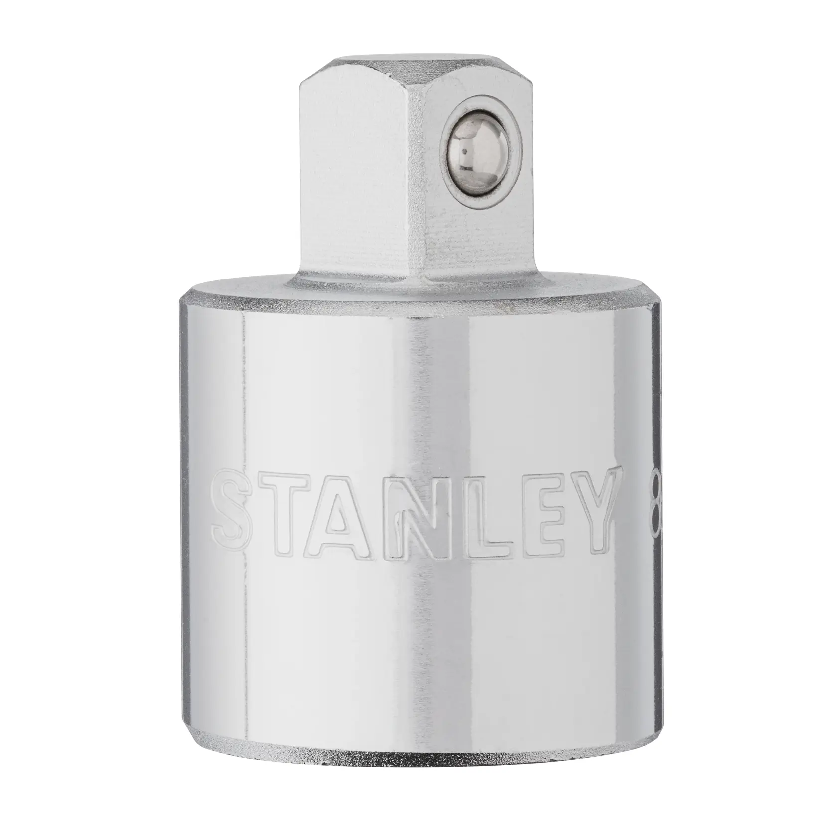 Adaptador de dado cromado STANLEY 88-908, vista frontal en primer plano sobre fondo blanco.