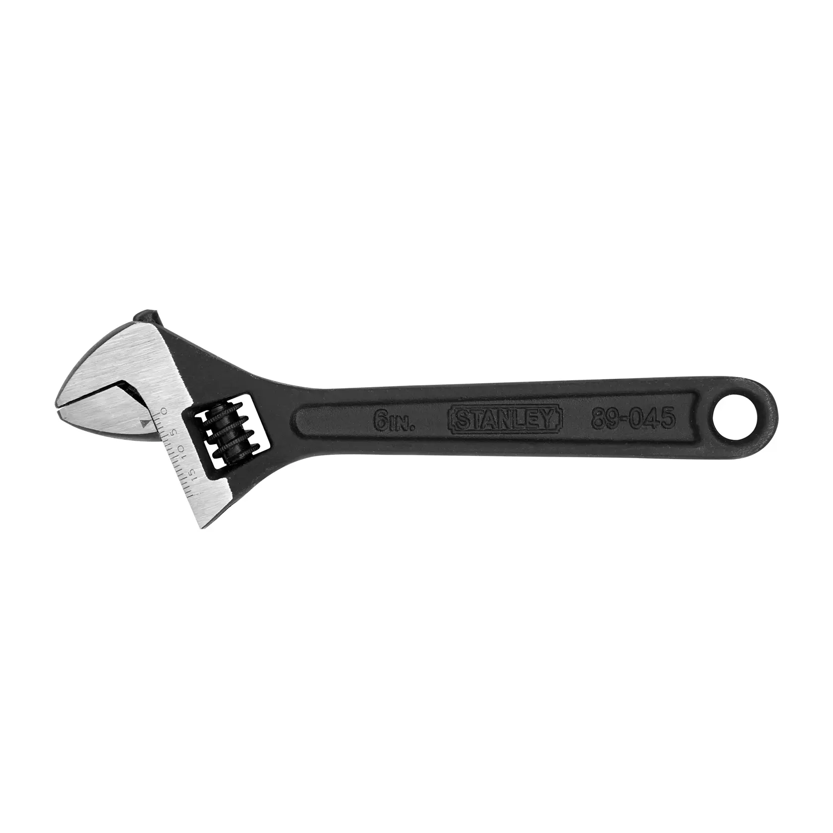Llave ajustable STANLEY 89-045LA de 6 pulgadas, mango negro, vista lateral izquierda sobre fondo blanco.