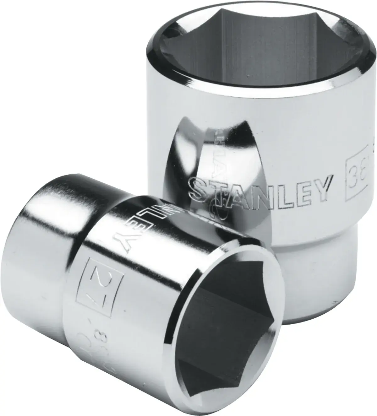 STANLEY 89-319 juego de dados cromados, dos piezas, diseño hexagonal, fotografía de producto con fondo blanco.
