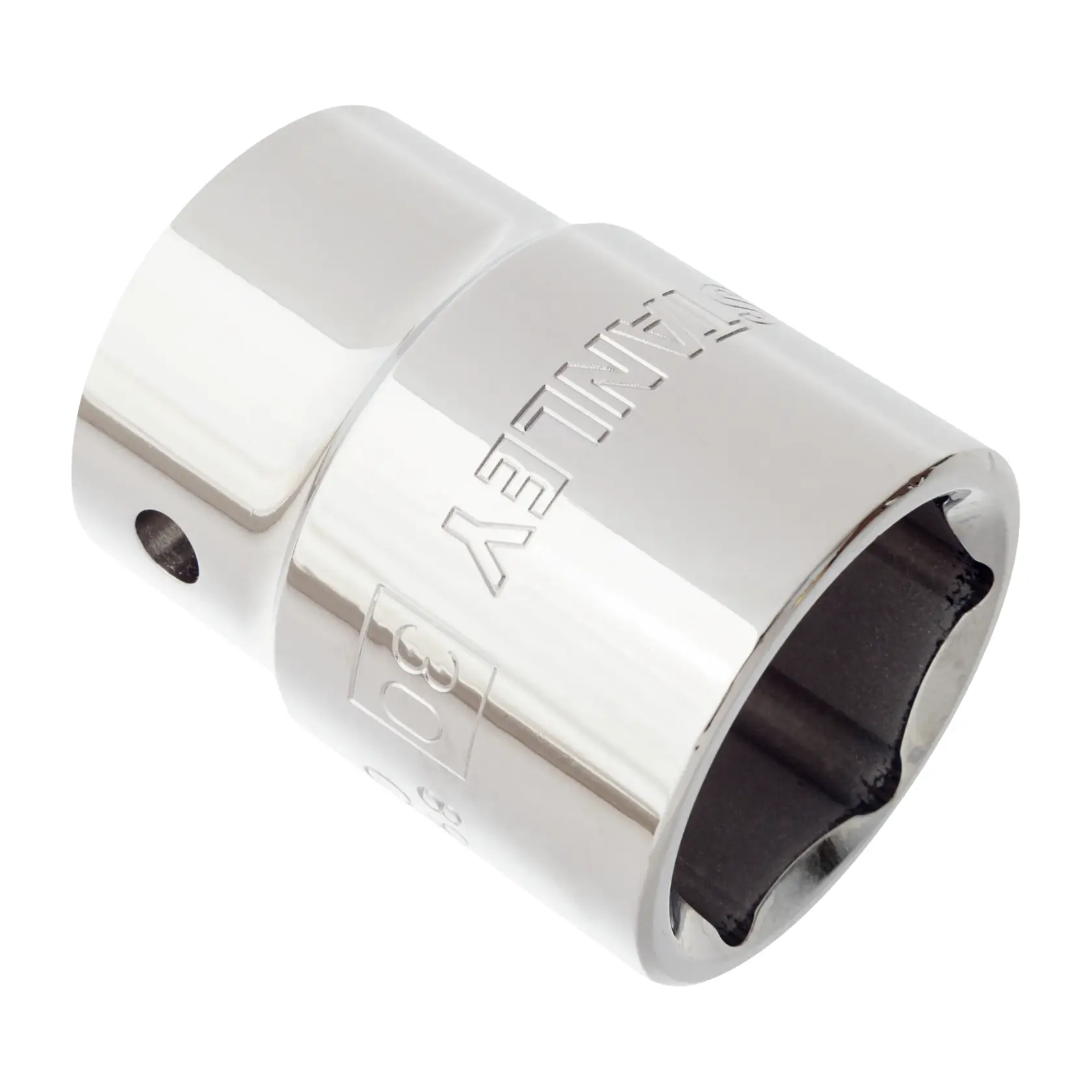 STANLEY 89-330 dado cromado, ángulo lateral, con marca grabada y referencia de 30mm visible.