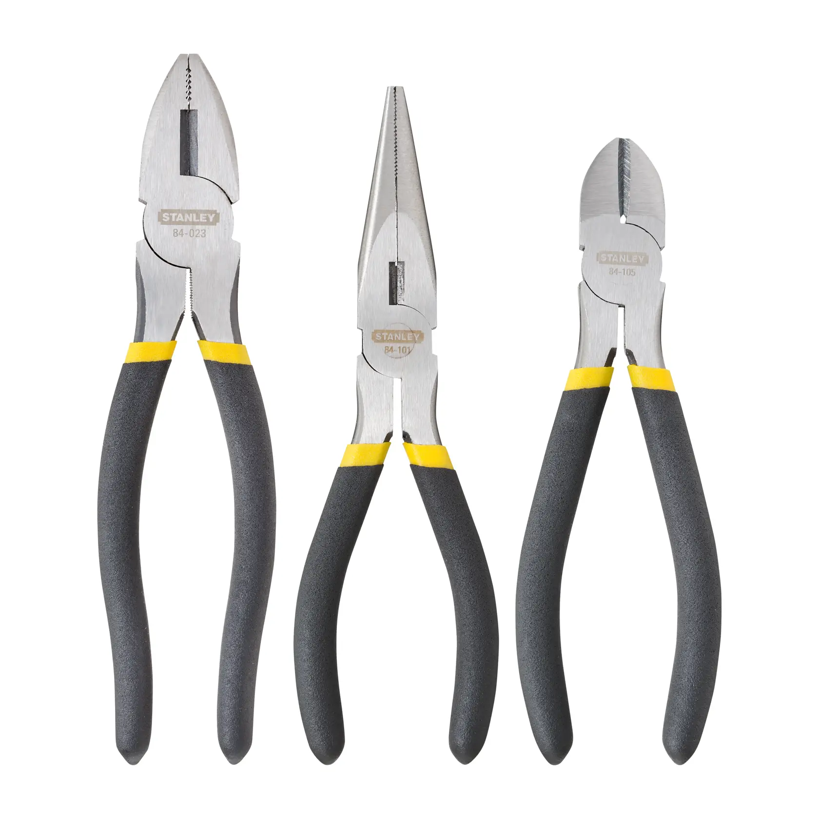 Juego de pinzas STANLEY 90-162LA, tres tipos con mangos negros y amarillos, vista frontal sobre fondo blanco.