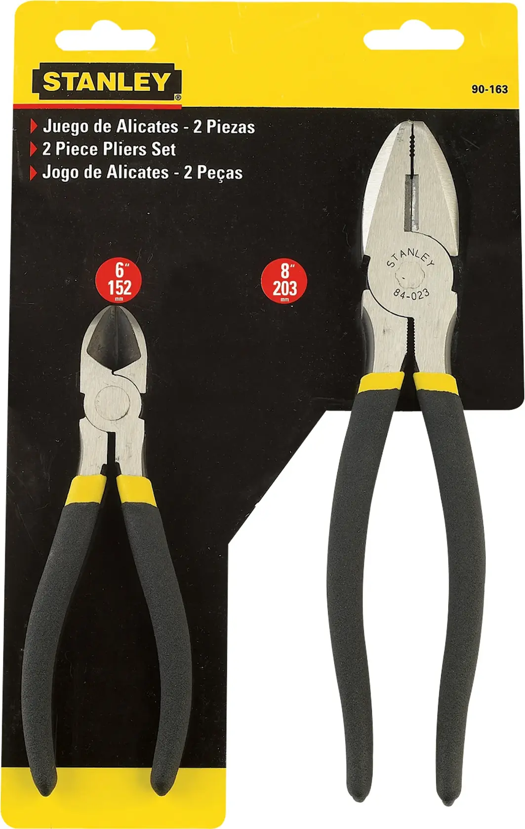 Juego de alicates STANLEY 90-163 de dos piezas en empaque, incluye alicates de 6 y 8 pulgadas con mangos negros y amarillos, ángulo frontal.