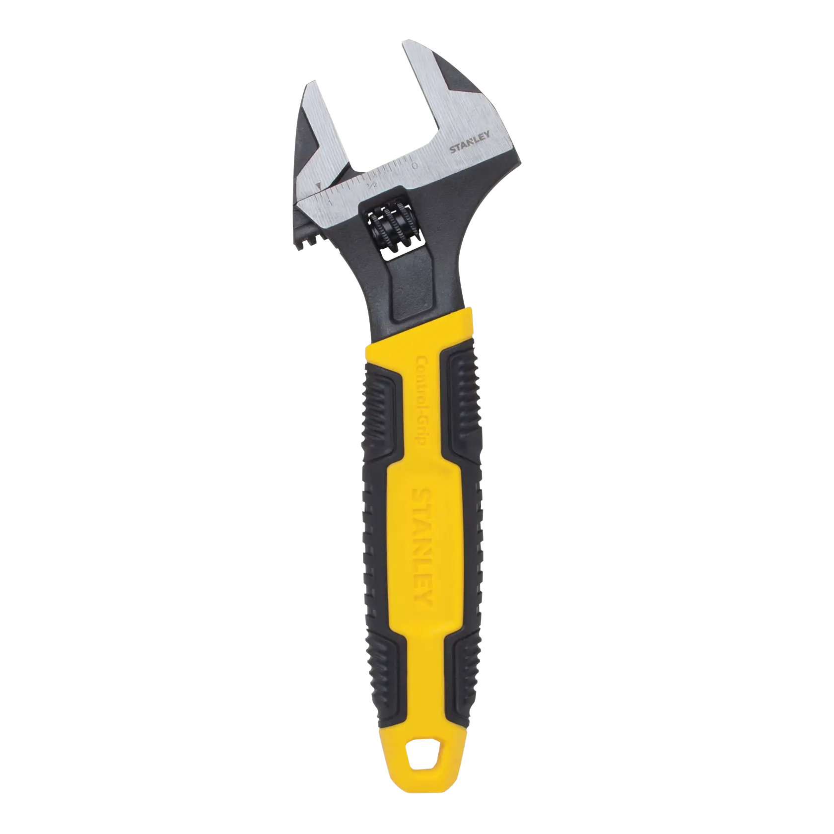 Llave ajustable Stanley, vista frontal, mango amarillo y negro, mandíbula metálica, fondo blanco