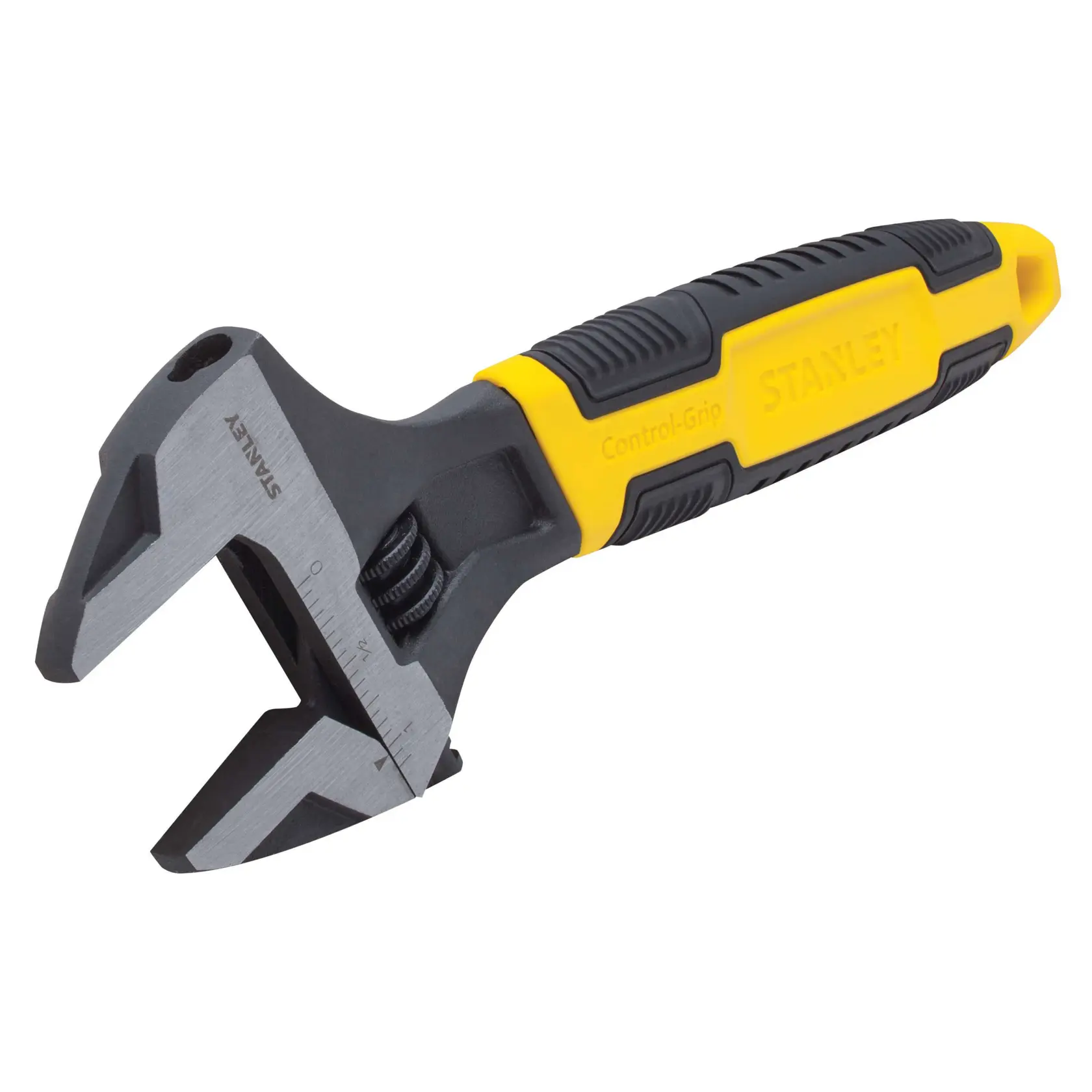 Llave ajustable Stanley con mango Control-Grip negro y amarillo, vista lateral en ángulo sobre fondo blanco.