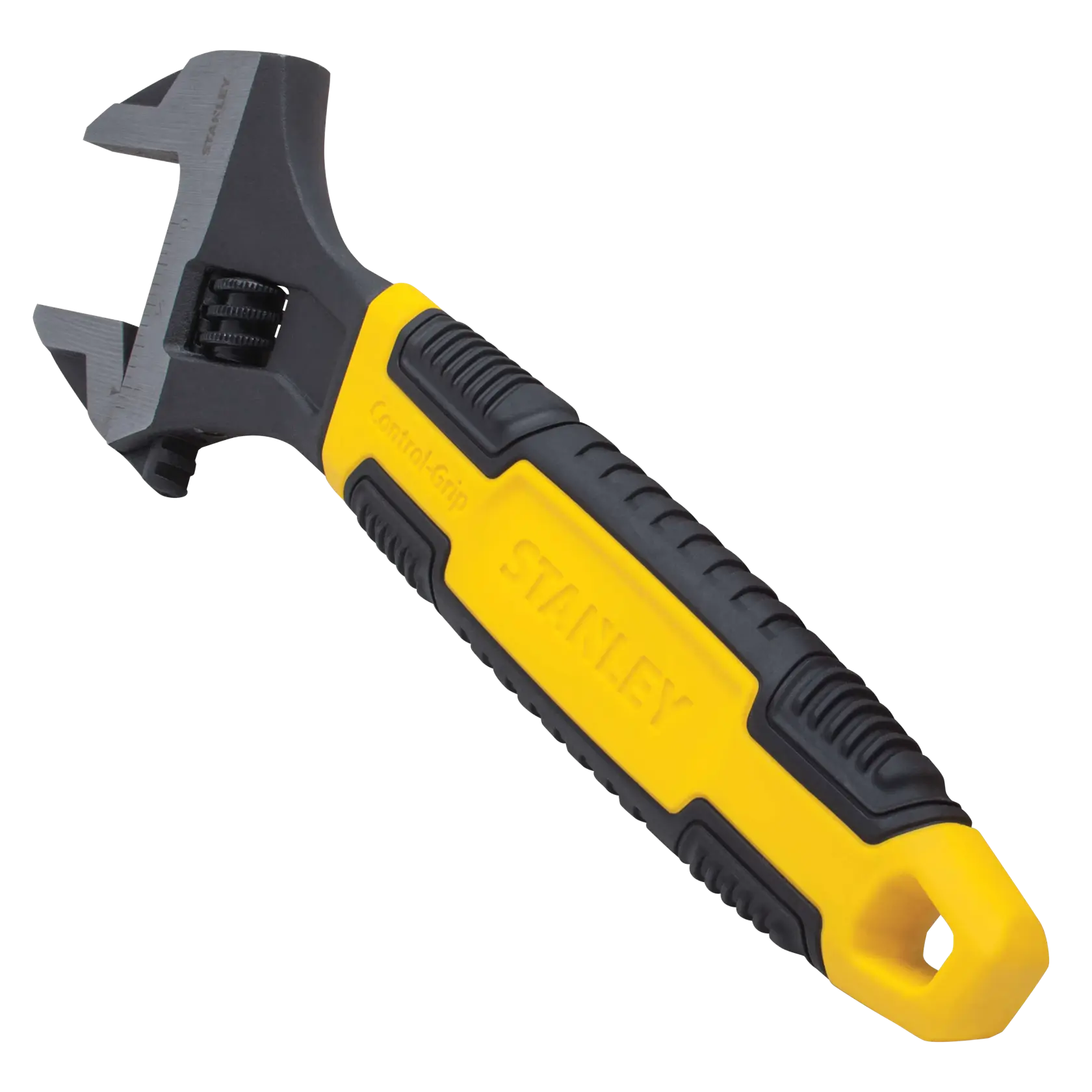 Llave ajustable Stanley con mango amarillo y negro Control-Grip, vista en ángulo sobre fondo blanco