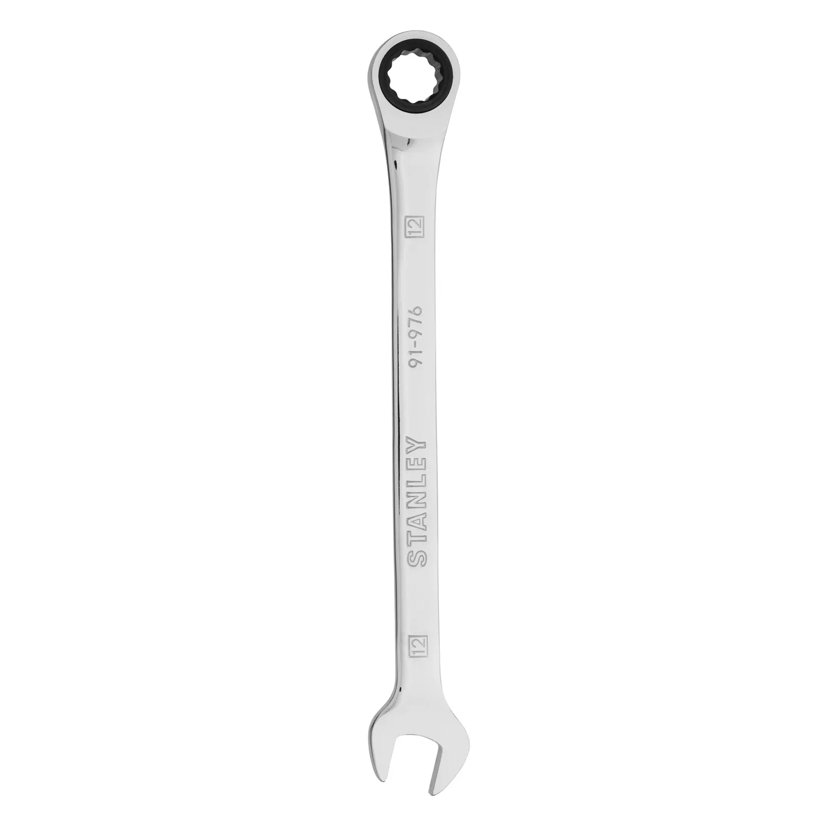 Llave combinada de carraca STANLEY 91-976 con acabado cromado, vista recta sobre fondo blanco.