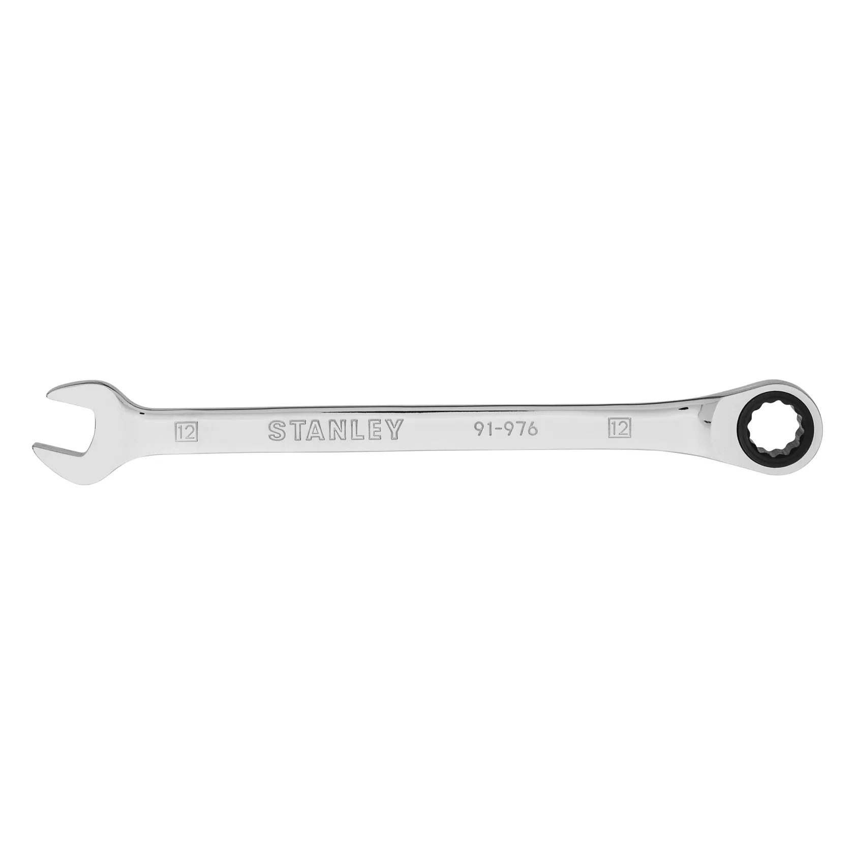 Fotografía de una llave combinada STANLEY 91-976, tamaño 12 mm, acabado cromado, vista superior sobre fondo blanco.