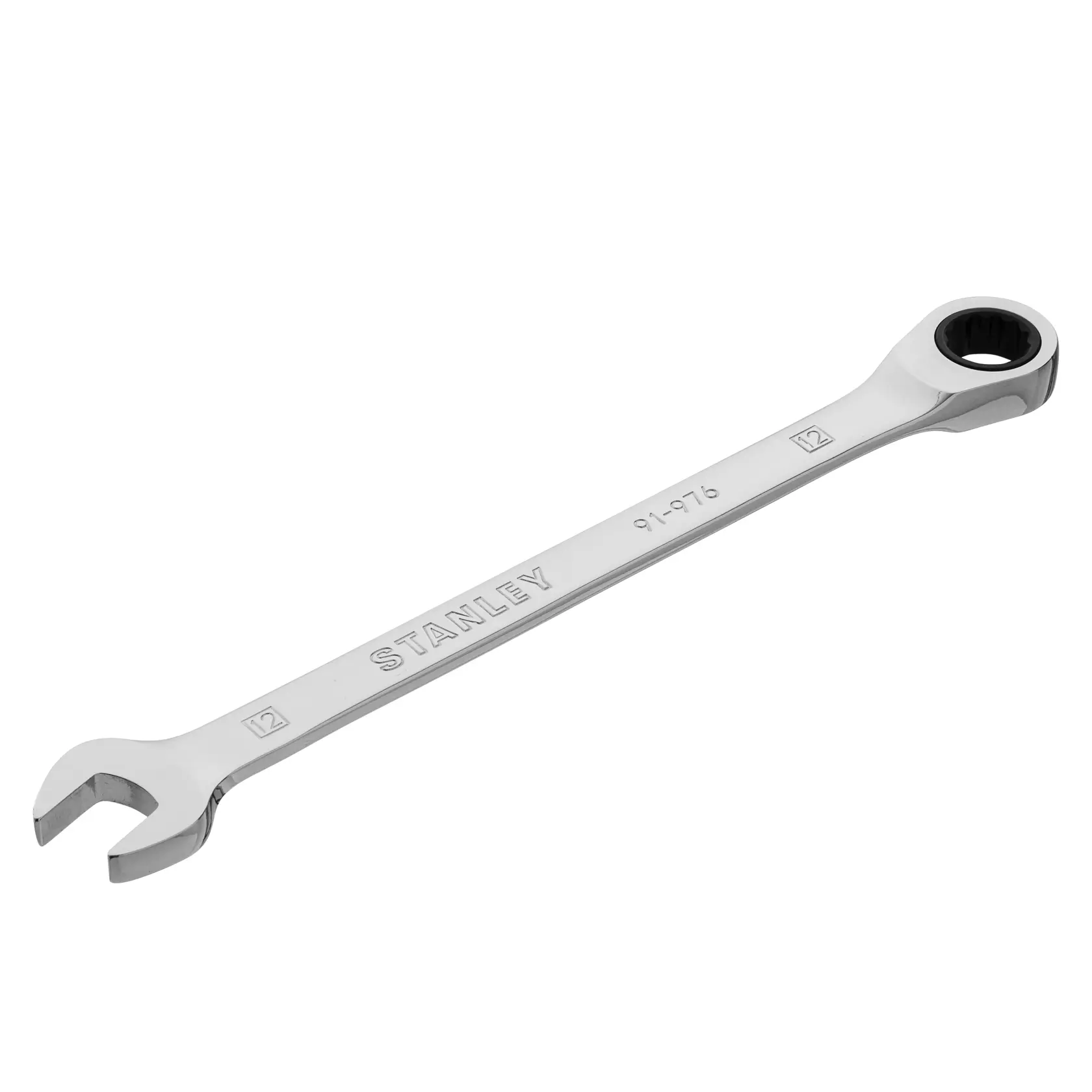 Llave combinada de carraca STANLEY 91-976, acabado cromado, extremo abierto y extremo de carraca, vista superior en fondo blanco.