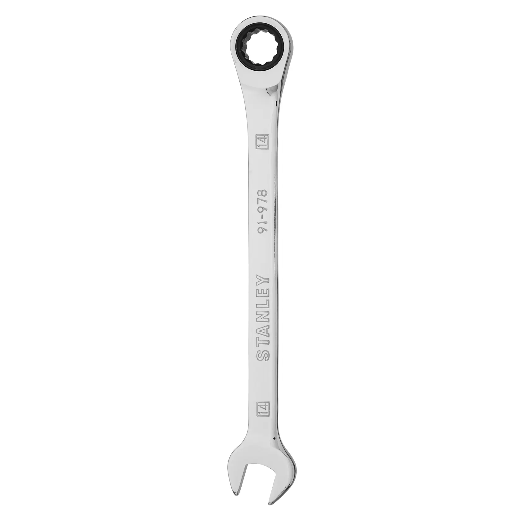 Llave combinada de carraca STANLEY 91-978, acabado cromado, vista frontal en fondo blanco.