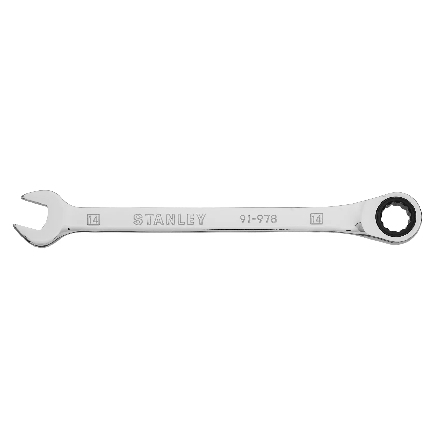 Llave combinada de carraca STANLEY 91-978, acabado cromado, 14mm, vista lateral sobre fondo blanco.