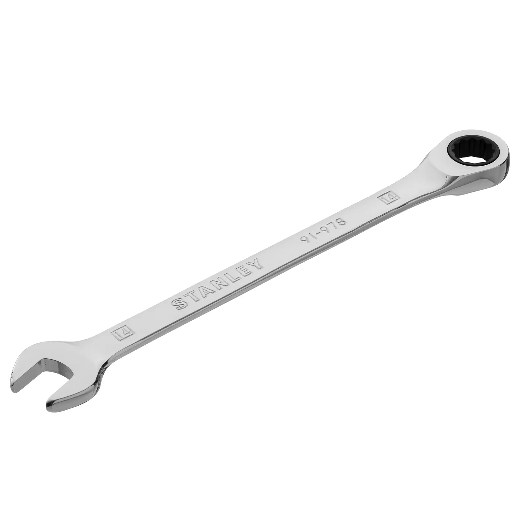 Llave combinada STANLEY 91-978, acabado cromado, boca abierta y estrella con carraca, vista en ángulo sobre fondo blanco.