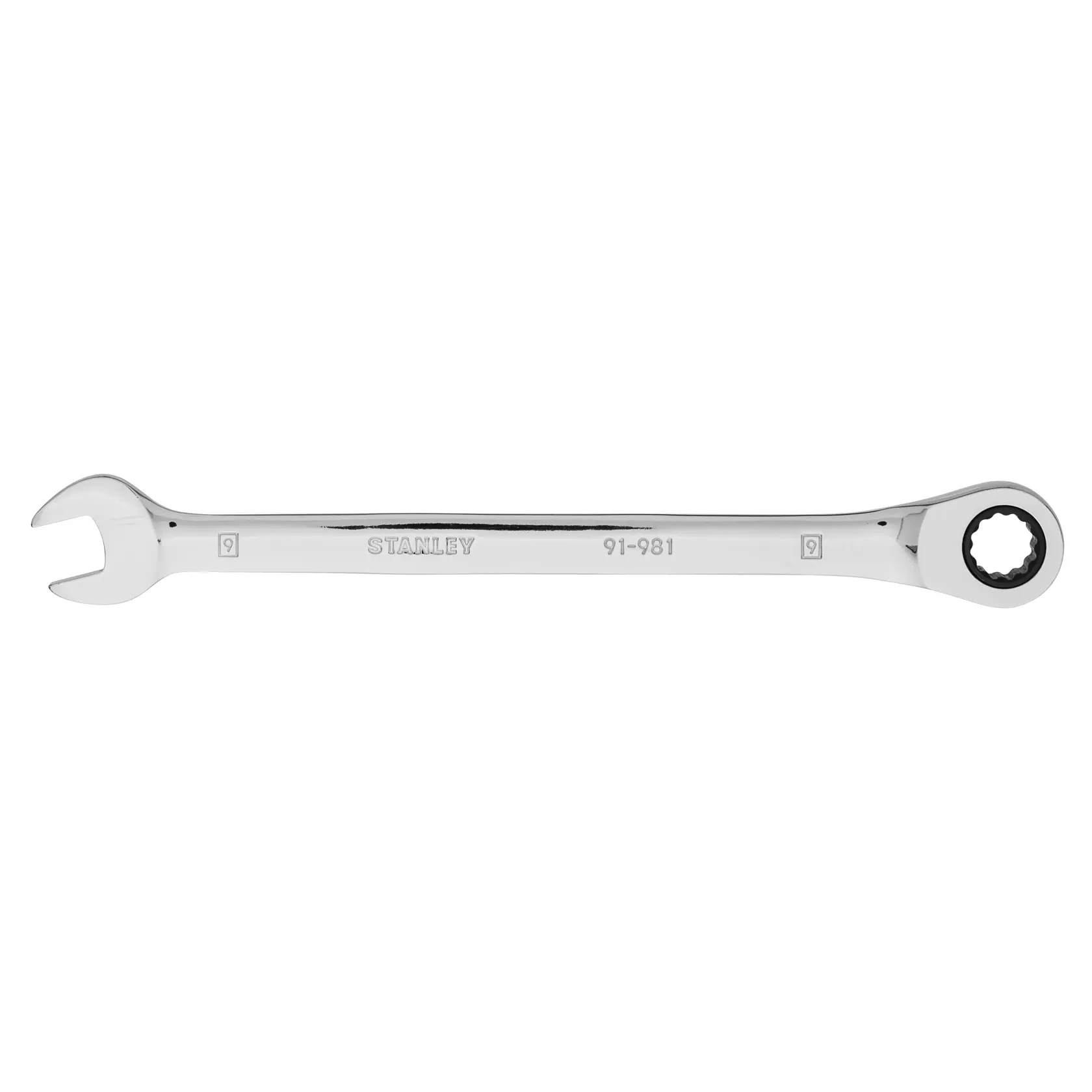 Llave combinada carraca STANLEY 91-981LA, acabado cromado, vista superior.