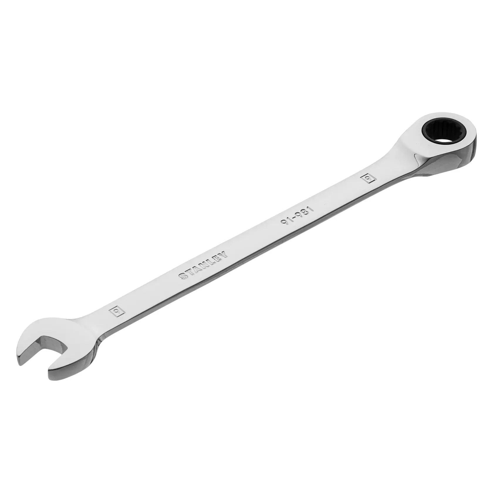 Llave combinada de carraca STANLEY 91-981LA plateada, vista lateral derecha, herramienta con boca fija y de estrella.