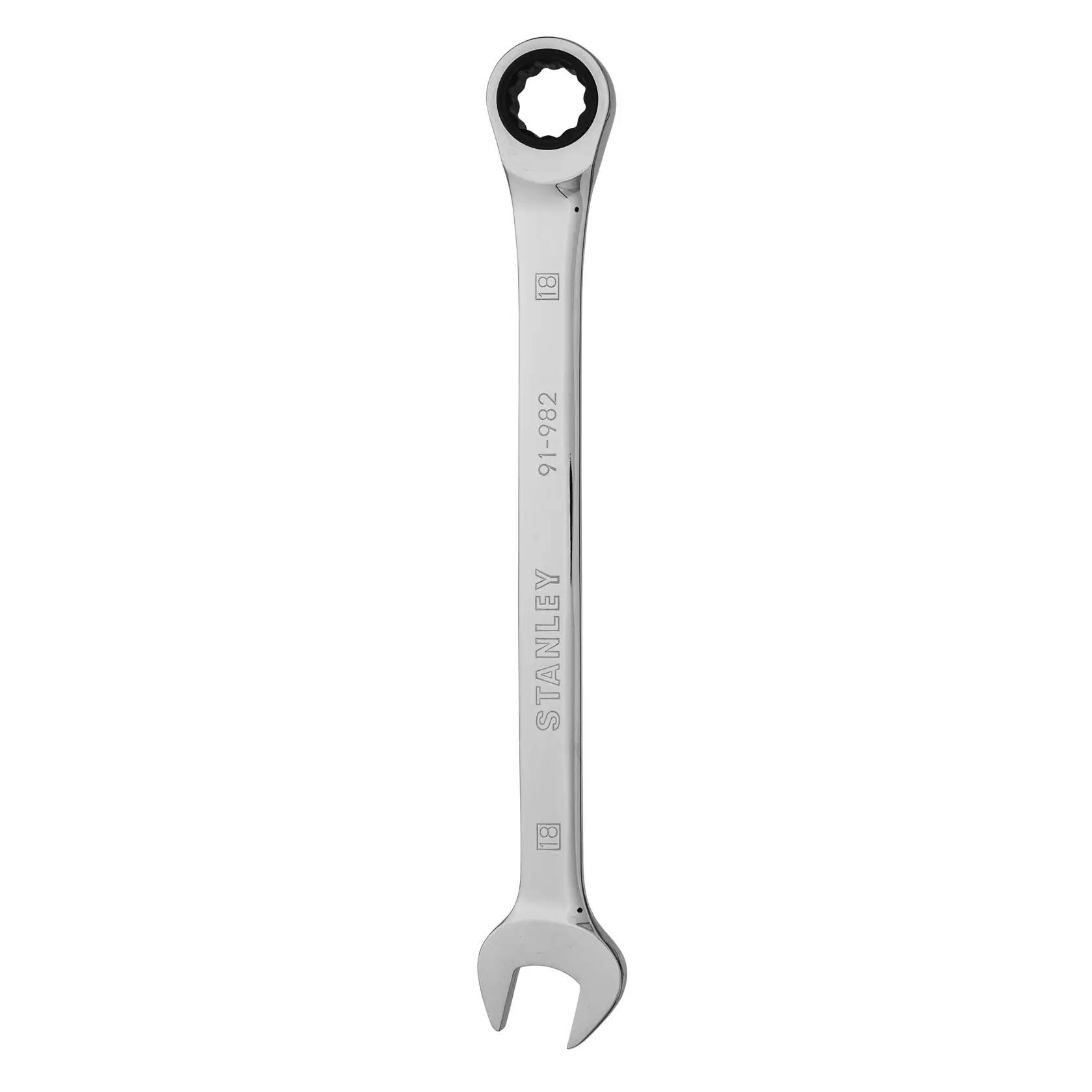 Llave combinada STANLEY 91-982 con extremo de carraca, acabado cromado, fotografía del producto sobre fondo blanco.