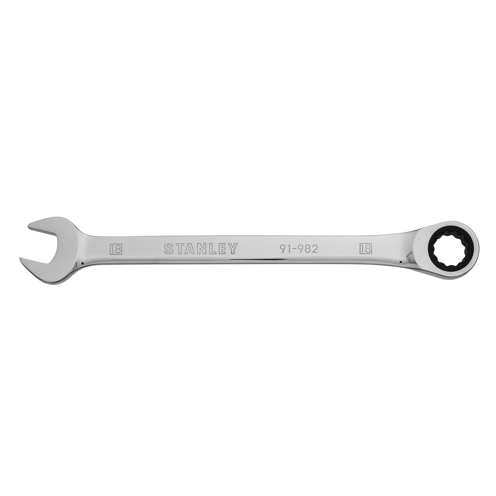Llave combinada Stanley 91-982 con acabado cromado, vista plana sobre fondo blanco.