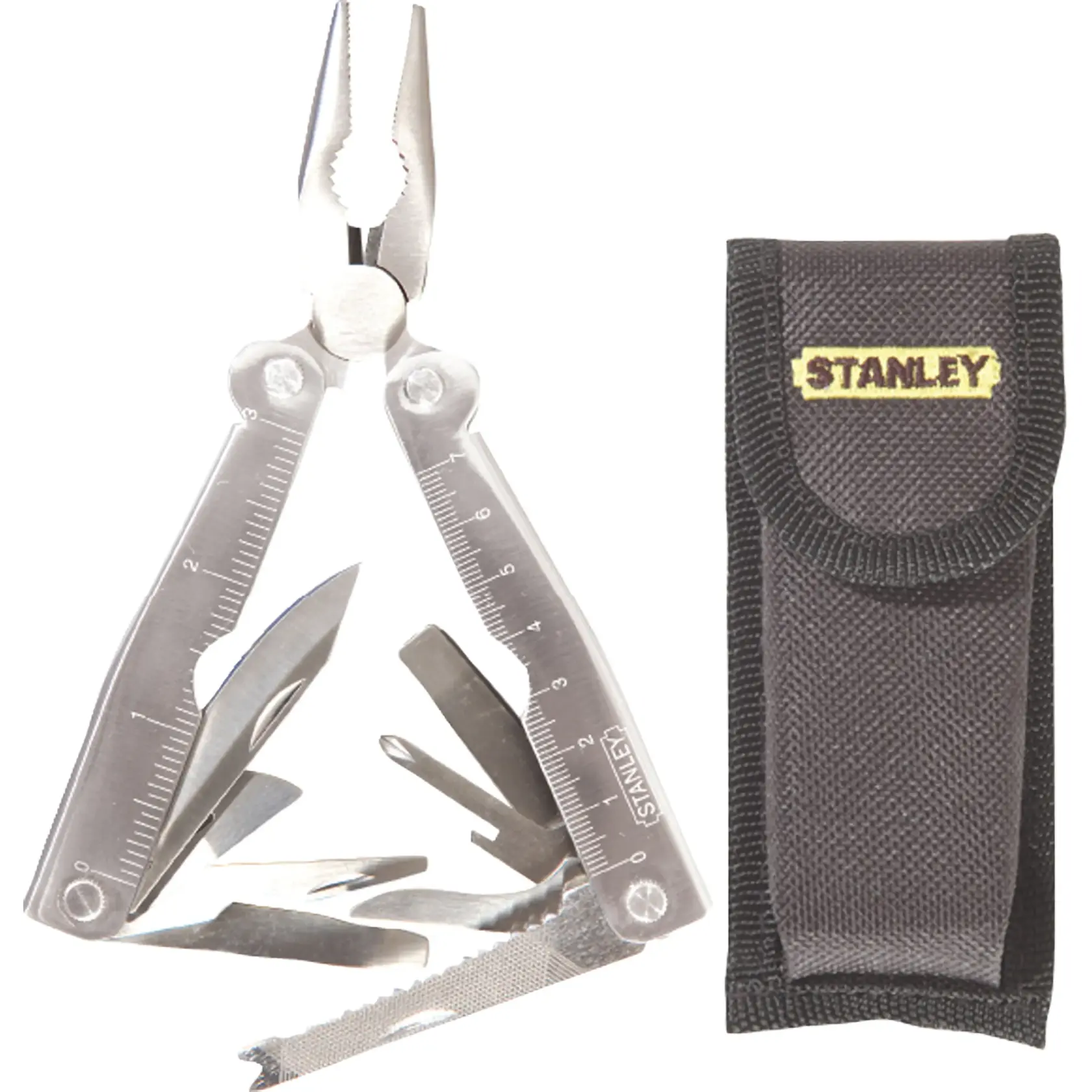 STANLEY 92-841 bolsa de herramientas negra de tela, vista frontal, con logo amarillo STANLEY en la solapa.