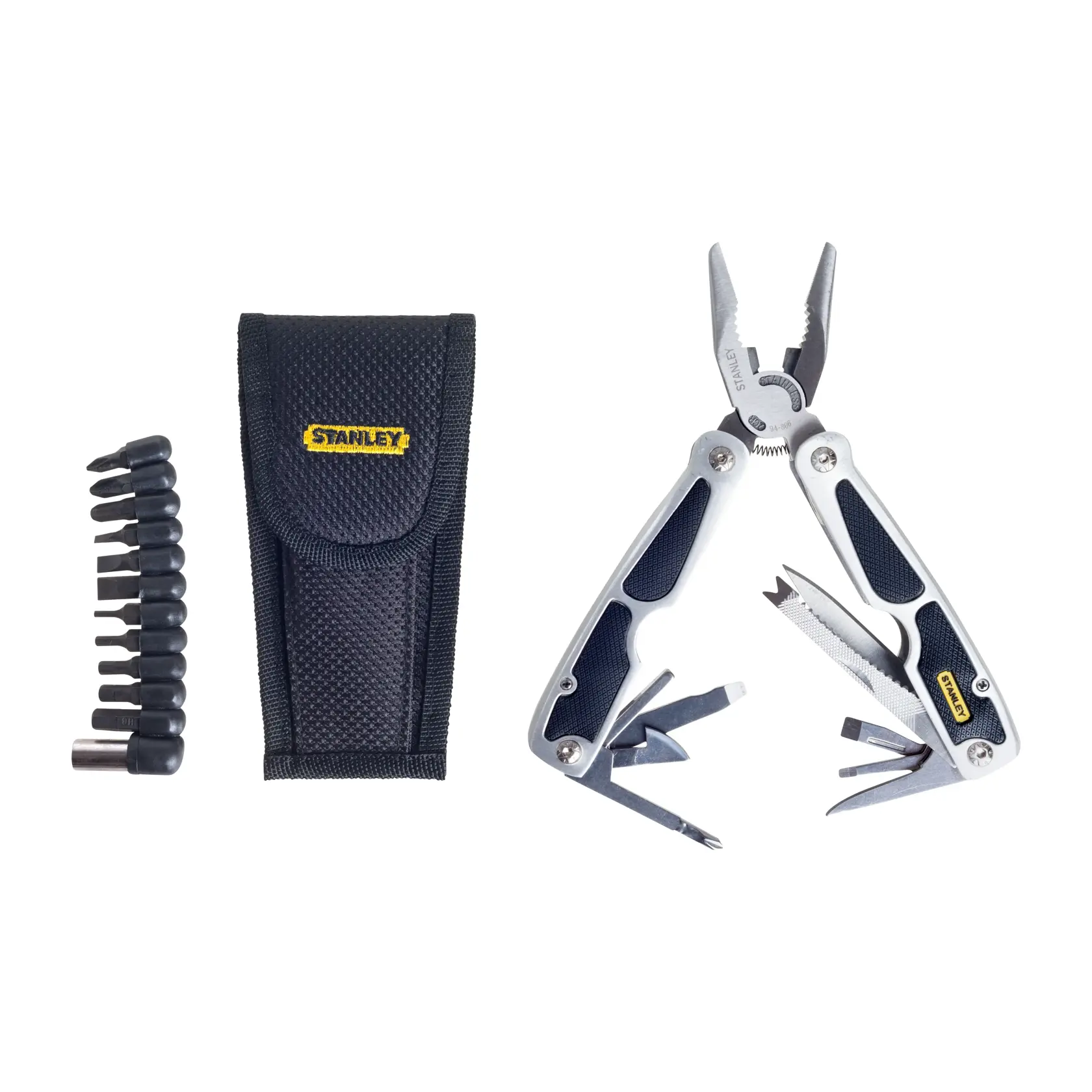 STANLEY 94-806 set de multiherramienta con alicates abiertos, funda de nailon negra y puntas de destornillador, vista superior.